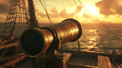 Sunset ocean voyage antique telescope on ship deck