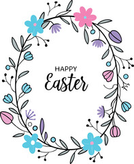 Easter egg decorative frame made of branches with flowers. Happy easter concept.