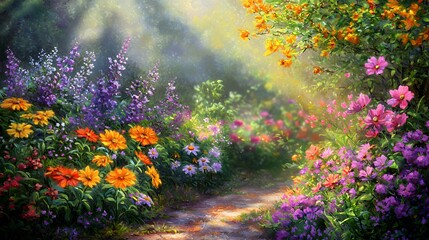 Sunlit Path Through a Vibrant Flower Garden