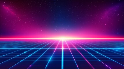 Retro Futuristic Background with Neon Grid and Starry Night Sky