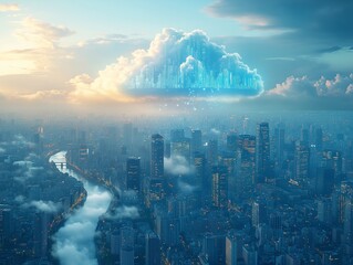 Fototapeta premium A digital cloud symbolizing modern technology connects data circuits, in the big city background.