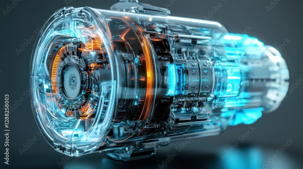 Poster futuristic engine design showcasing intricate mechanics and glowing elements against a dark backdrop