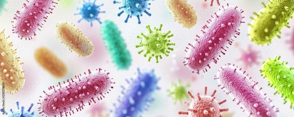 Poster a vibrant illustration of various colorful bacteria and microorganisms floating in a light backgroun