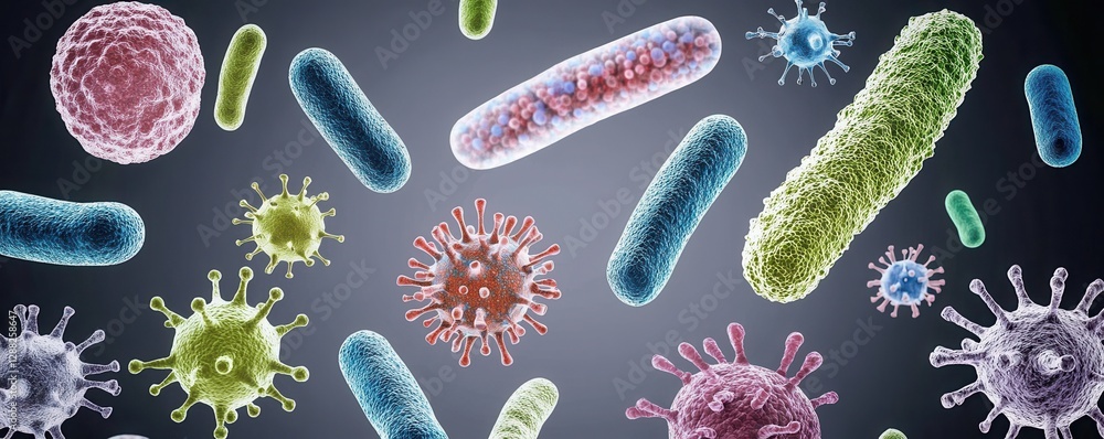 Poster a colorful array of various microorganisms, including bacteria and viruses, depicted against a dark 