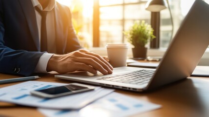 Fototapeta premium Businessman working on laptop at office desk, sunlight through window