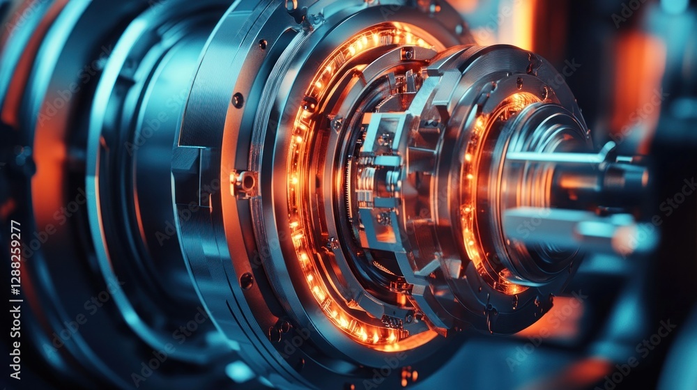 Poster close-up of a futuristic mechanical component with glowing elements in a high-tech environment