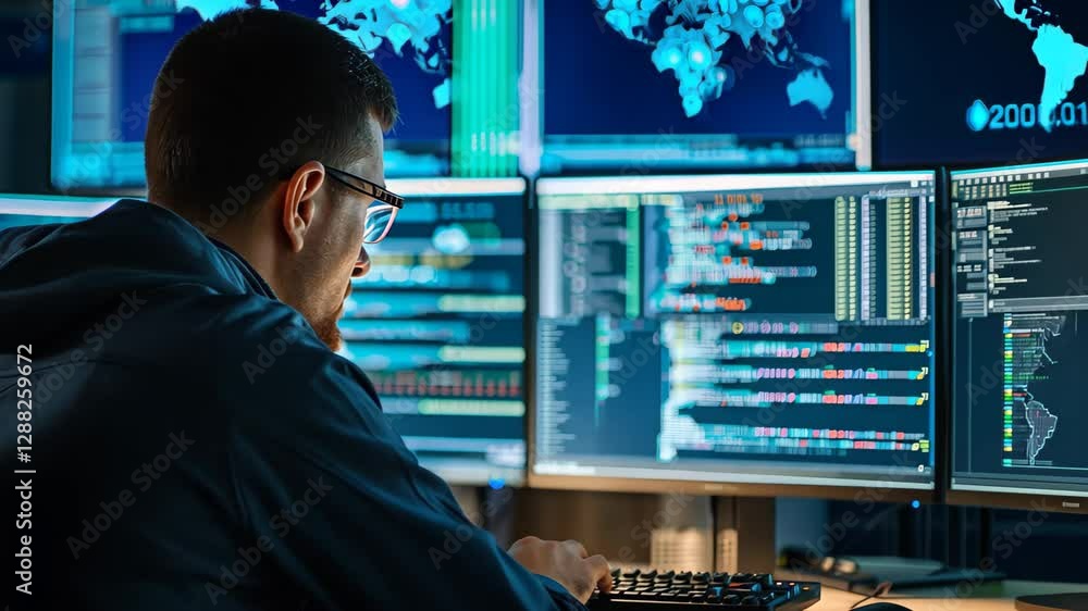 Poster cybersecurity expert actively monitoring a critical network breach in a dark room filled with multip