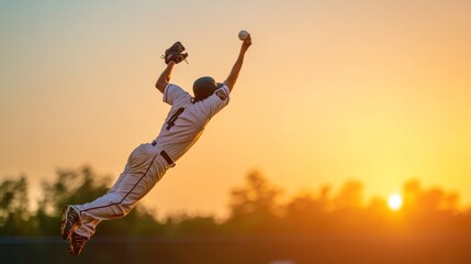 Baseball outfielder making a diving catch at sunset in a golden light