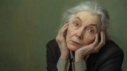 Portrait of an elderly woman with silver hair in deep thought