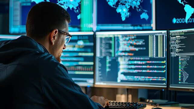 Cybersecurity expert actively monitoring a critical network breach in a dark room filled with multiple computer screens showcasing world data and code, late at night