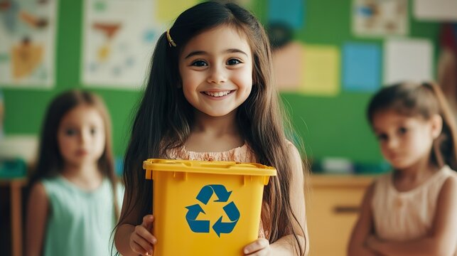 Smiling young girl holding a recycling bin in a classroom