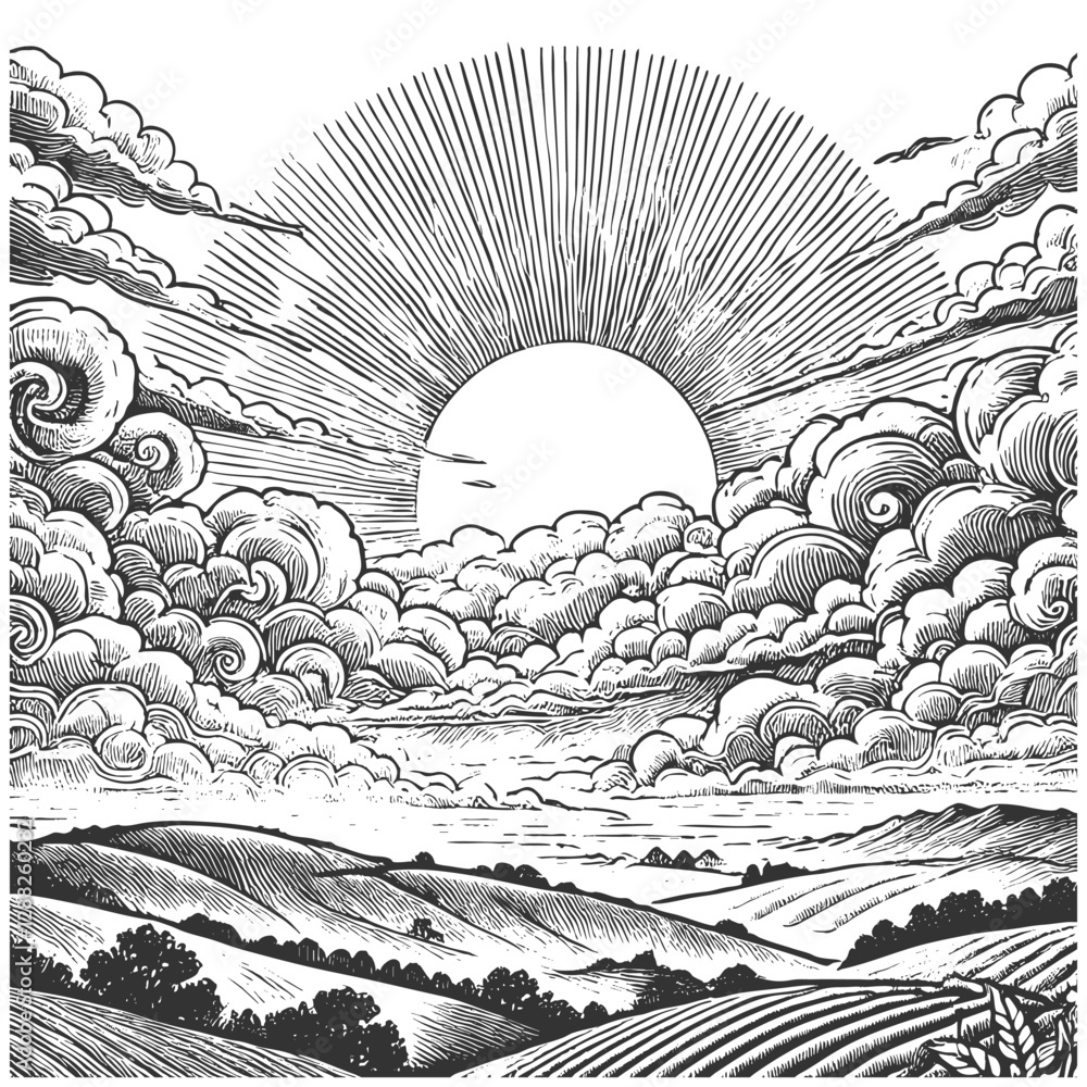 Poster sunrise over rolling hills, with swirling clouds and dramatic light rays creating a serene landscape