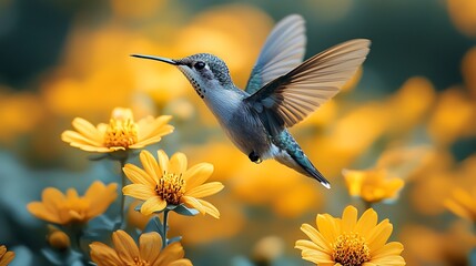 Naklejka premium Hummingbird feeding on flowers garden wildlife photography bright environment close-up nature beauty