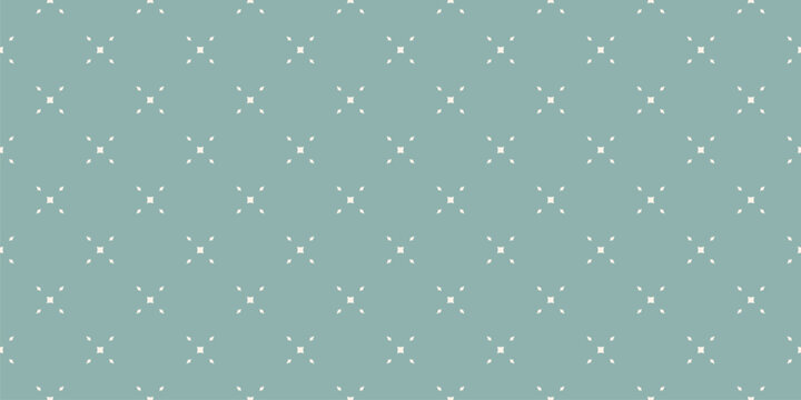 Vector minimalist background. Simple geometric seamless pattern with small diamond shapes, rhombuses, flower silhouettes. Subtle muted green abstract texture. Retro vintage style repeated geo design
