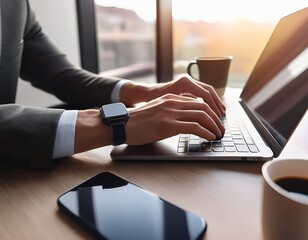 A close-up of a professional’s hands typing on a minimalist laptop, with a smartwatch and coffee nearby. The soft lighting and modern setup highlight productivity, remote work, and digital business.