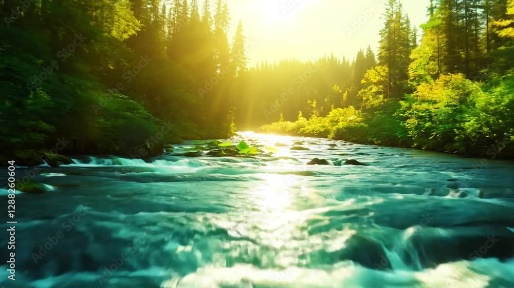 Poster tracking video alongside a flowing river, sunlight reflecting on the water, leaves float on the surf