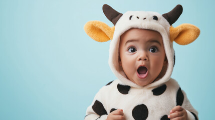 Adorable Baby in Cute Cow Costume with Surprised Expression Against Light Blue Background Creating Playful and Cheerful Atmosphere