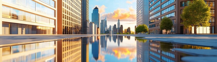 A stunning urban landscape at sunset, showcasing modern skyscrapers mirrored in a tranquil water feature.