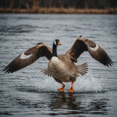 A dynamic shot of a goose running with its wings slightly lifted.