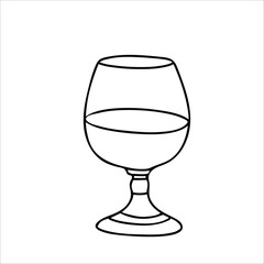 Brandy or Cognac Glass. Hand drawn Vector illustration in Doodle style isolated on a white background. A simple minimalist Black and white illustration. Perfect for use in menu design, logos, and