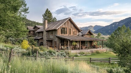 Obraz premium A Charming Rustic Farmhouse Surrounded by Lush Mountains 