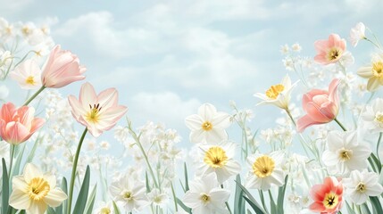 Fototapeta premium Blooming Spring Field With Colorful Flowers and Soft Blue Sky
