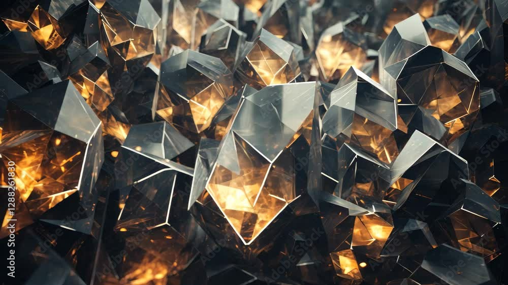Poster An intricate pattern of shimmering crystal formations illuminated by golden light creates a mesmerizing display in a dark environment