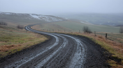Winding muddy road through hilly landscape, winter