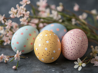 Obraz premium Decorative Easter eggs with flowers on a dark surface