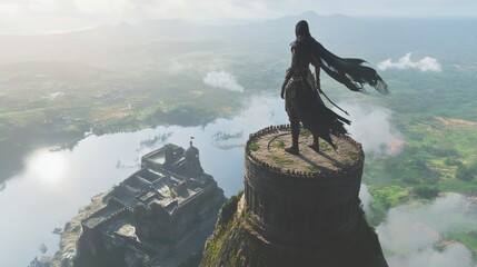 A lone figure stands atop a rocky outcrop overlooking a vast landscape and ancient ruins below