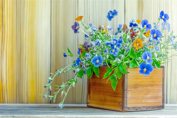 A vibrant bouquet of colorful flowers in a wooden pot against a natural wood background, adding a fresh and lively touch to any space.