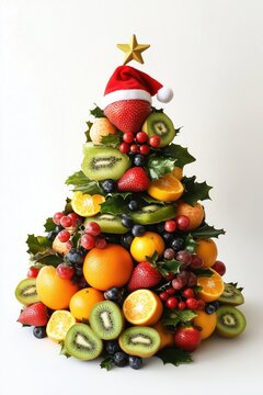 Festive fruit christmas tree with santa hat and star decoration