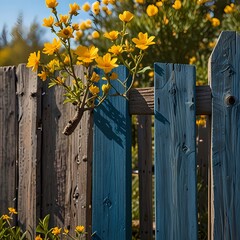 Fototapeta premium Old wooden fence with yellow flowers and ivy in a garden