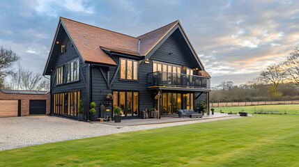 Obraz premium A spacious modern barn-style home with black timber cladding and wide open living spaces surrounded by farmland.
