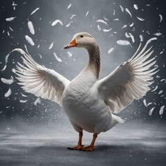 A goose surrounded by softly falling white feathers on a seamless background.