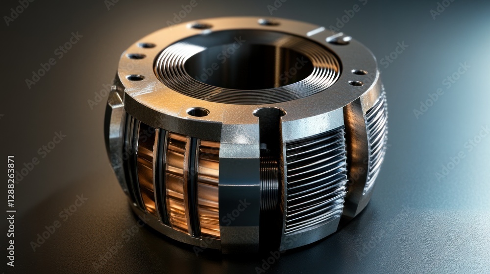 Poster close-up of a metallic mechanical component showcasing intricate design and textures