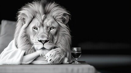   A monochrome image depicts a majestic lion reclining on a couch with a wine glass positioned nearby