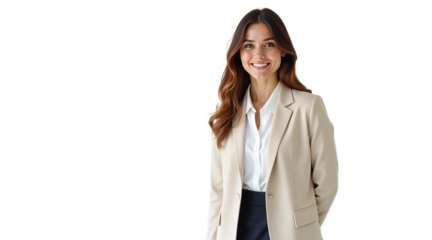 Portrait of happy businesswoman smiling confidently isolated on transparent background. Ideal for professional profiles, corporate presentations, website banners, and marketing visuals.