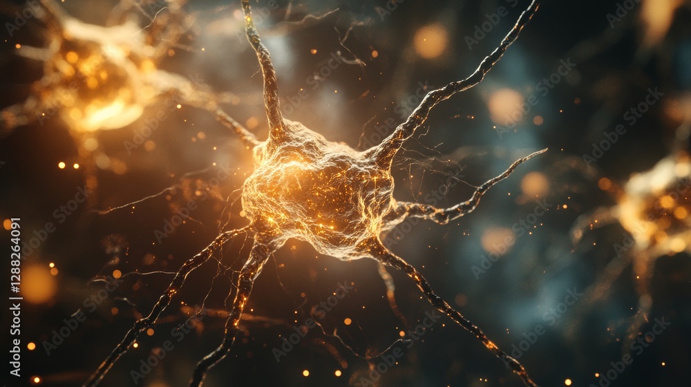 Poster glowing neural network connections in an abstract digital design with warm hues. artificial intellig