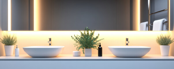 Modern bathroom with dual sinks, stylish plants, and ambient lighting