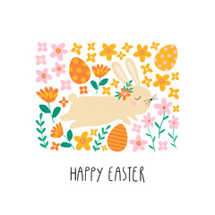 Obraz premium Spring floral cartoon print with cute bunny, flowers, egg and lettering Happy Easter. Spring cartoon print in flat style. Good for posters, t shirts, postcards.