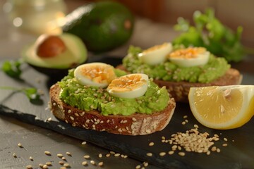 Sliced avocado toast with eggs on rustic slate board. Neural network AI generated