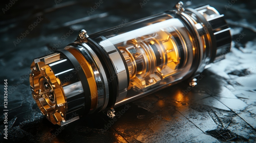 Poster futuristic energy core device resting on a textured surface, illuminated with warm light