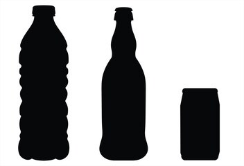 black and white bottle. Black plastic bottles. Soda can icon, transparent background. Dented soda cans icons set. Beverage, beer and brewing sign and symbol. soda and juice silhouette. 