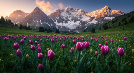 Fototapeta premium Vibrant purple tulips bloom in a lush valley surrounded by majestic snow-capped mountains at sunset