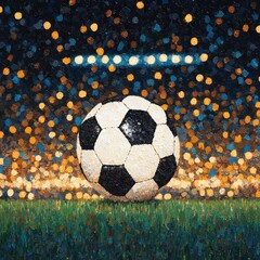 Soccer Ball on Vibrant Background with Blurred Lights and Grass