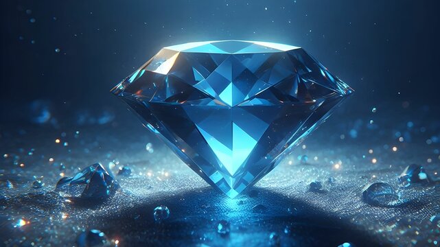 abstract shiny bright big transparent blue diamond gemstone in an abstract dark fantasy background