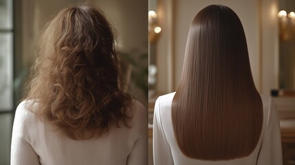 Transformation of long hair showcasing a shiny and healthy appearance, before and after split photo