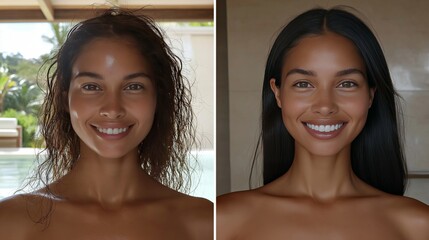 Transformation of hair texture before and after styling by a poolside