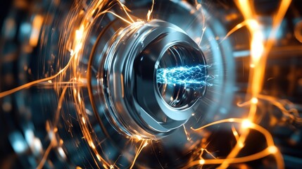 Close-up view of a futuristic energy core emitting electric sparks in a dynamic environment
